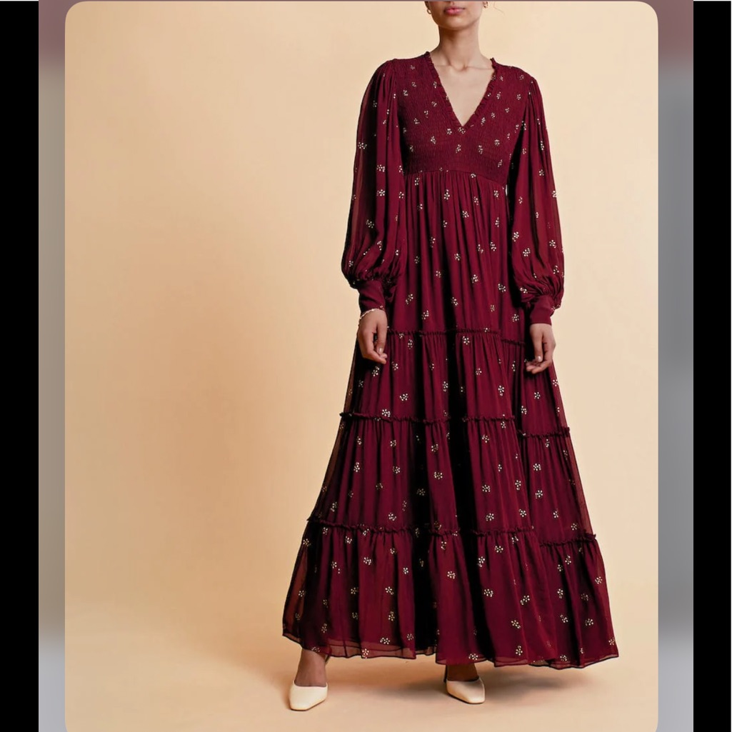 Bytimo Long Sleeve Smocked Georgette Maxi Dress Nwt Small